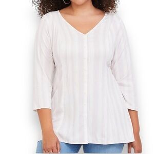 Torrid Challis Pink White Striped 3/4 Sleeve Faux Button Blouse - Size Large